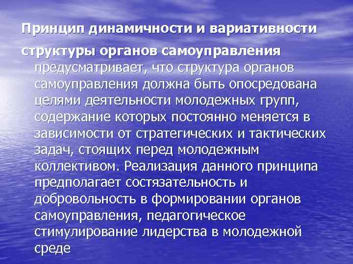 Принцип динамичности и вариативности структуры органов самоуправления предусматривает, что структура органов самоуправления должна быть