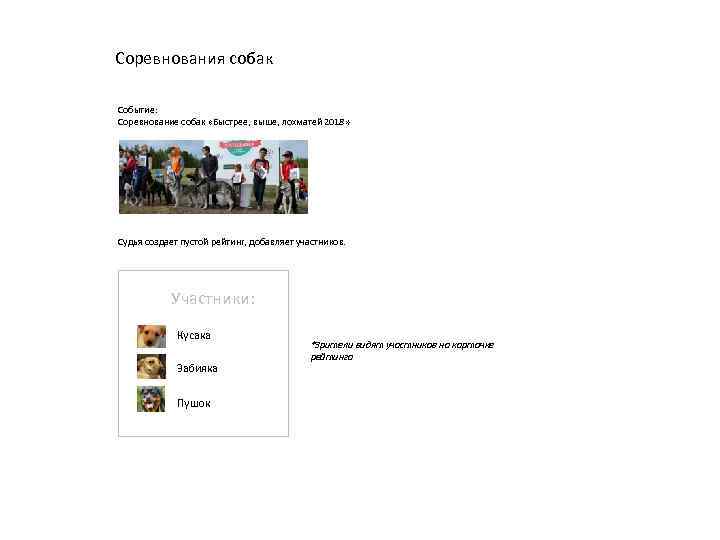 Соревнования собак Событие: Соревнование собак «Быстрее, выше, лохматей 2018» Судья создает пустой рейтинг, добавляет