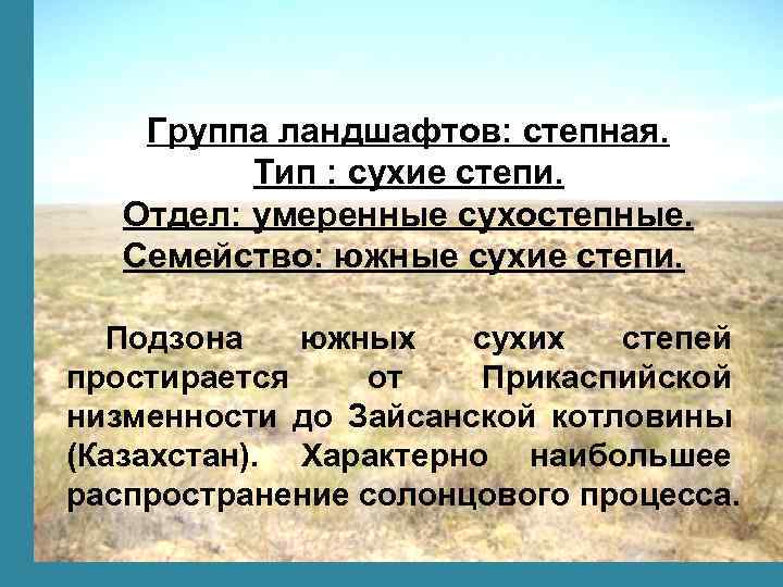 Группа ландшафтов: степная. Тип : сухие степи. Отдел: умеренные сухостепные. Семейство: южные сухие степи.