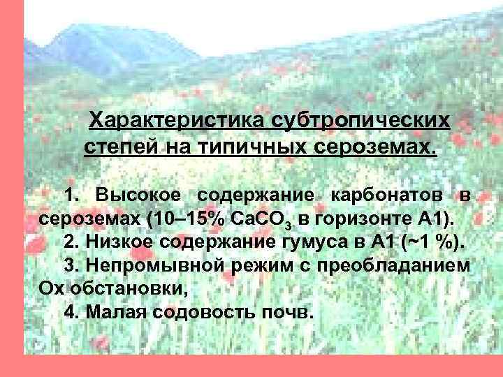 Характеристика субтропических степей на типичных сероземах. 1. Высокое содержание карбонатов в сероземах (10– 15%