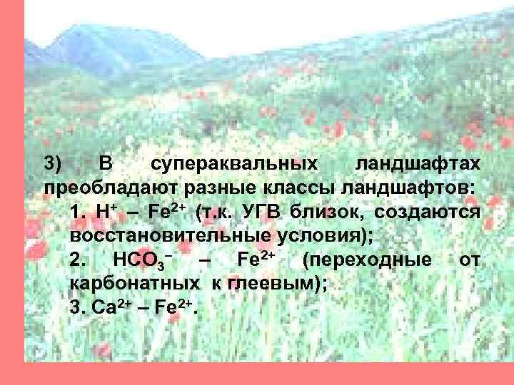 3) В супераквальных ландшафтах преобладают разные классы ландшафтов: 1. Н+ – Fe 2+ (т.