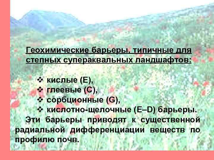 Геохимические барьеры, типичные для степных супераквальных ландшафтов: v кислые (Е), v глеевые (С), v