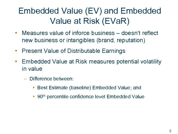 Embedded Value (EV) and Embedded Value at Risk (EVa. R) • Measures value of