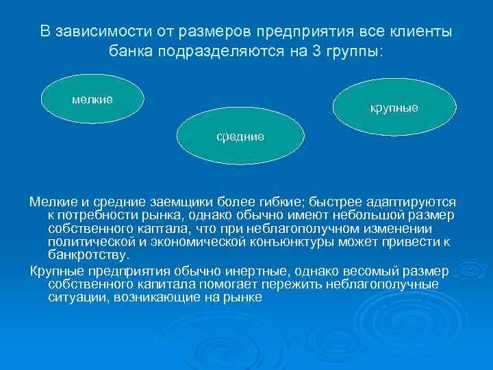 В зависимости от размеров предприятия все клиенты банка подразделяются на 3 группы: мелкие крупные