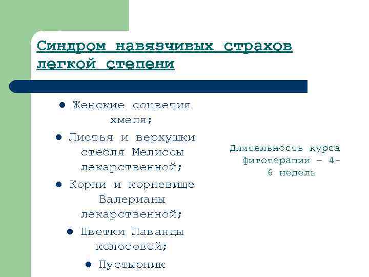 Синдром навязчивых страхов легкой степени l l l Женские соцветия хмеля; Листья и верхушки