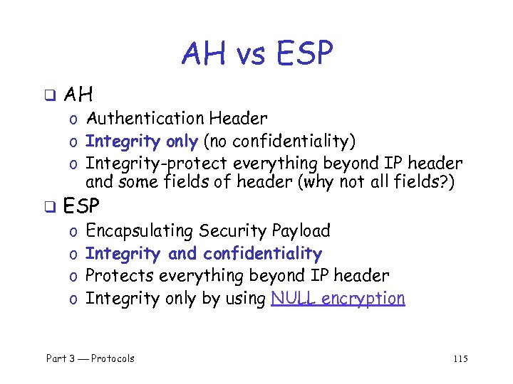 AH vs ESP q AH o Authentication Header o Integrity only (no confidentiality) o