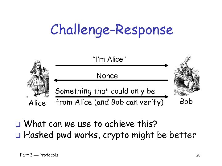 Challenge-Response “I’m Alice” Nonce Alice Something that could only be from Alice (and Bob