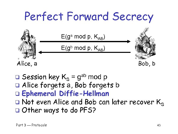 Perfect Forward Secrecy E(ga mod p, KAB) E(gb mod p, KAB) Alice, a Bob,