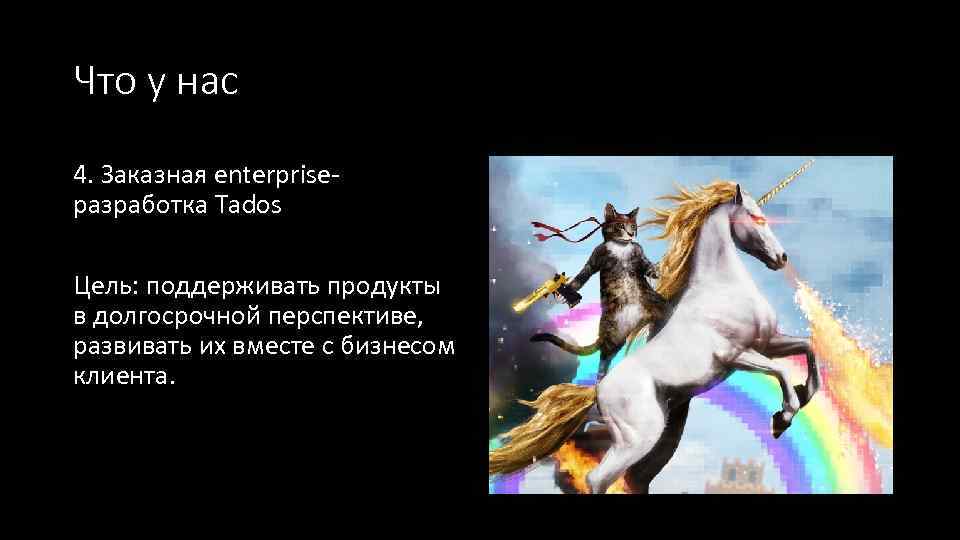 Что у нас 4. Заказная enterpriseразработка Tados Цель: поддерживать продукты в долгосрочной перспективе, развивать
