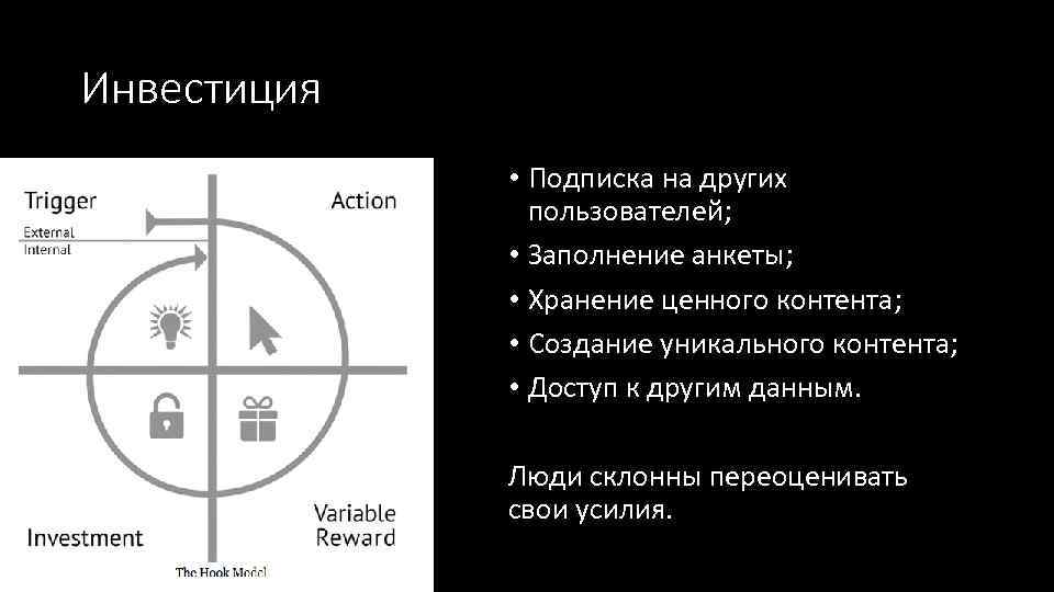 Инвестиция • Подписка на других пользователей; • Заполнение анкеты; • Хранение ценного контента; •