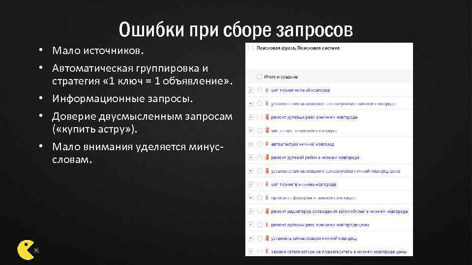Ошибки при сборе запросов • Мало источников. • Автоматическая группировка и стратегия « 1