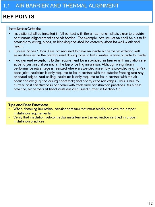 1. 1 AIR BARRIER AND THERMAL ALIGNMENT KEY POINTS Installation Criteria: • Insulation shall