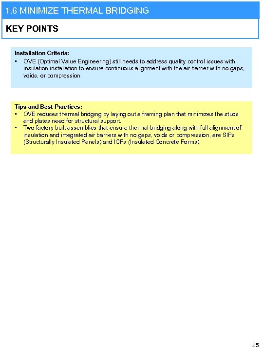 1. 6 MINIMIZE THERMAL BRIDGING KEY POINTS Installation Criteria: • OVE (Optimal Value Engineering)