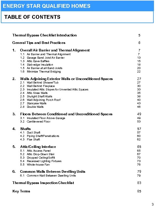 ENERGY STAR QUALIFIED HOMES TABLE OF CONTENTS Thermal Bypass Checklist Introduction 5 General Tips
