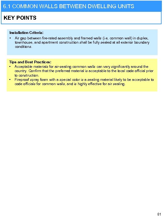 6. 1 COMMON WALLS BETWEEN DWELLING UNITS KEY POINTS Installation Criteria: • Air gap