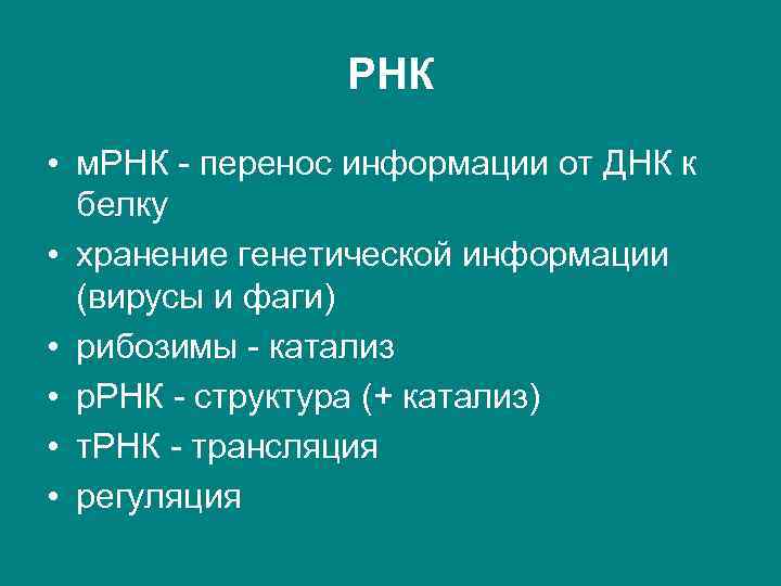 РНК • м. РНК - перенос информации от ДНК к белку • хранение генетической