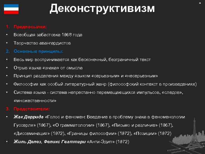 Деконструктивизм 1. Предпосылки: • Всеобщая забастовка 1968 года • Творчество авангардистов 2. Основные принципы: