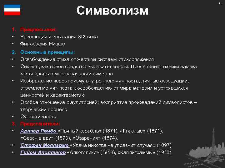 Символизм 1. Предпосылки: • Революции и восстания XIX века • Философия Ницше 2. Основные