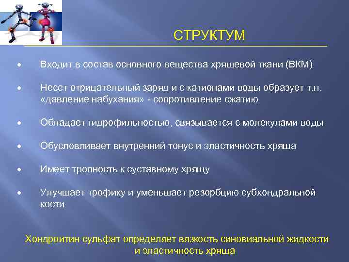 СТРУКТУМ · Входит в состав основного вещества хрящевой ткани (ВКМ) · Несет отрицательный заряд