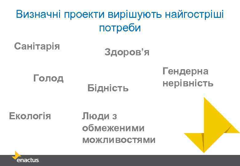 Визначні проекти вирішують найгостріші потреби Санітарія Голод Екологія Здоров’я Бідність Люди з обмеженими можливостями