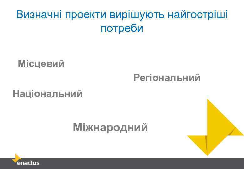 Визначні проекти вирішують найгостріші потреби Місцевий Регіональний Національний Міжнародний 