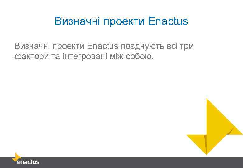 Визначні проекти Enactus поєднують всі три фактори та інтегровані між собою. 