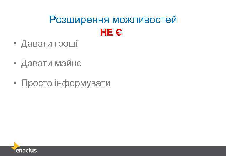 Розширення можливостей НЕ Є • Давати гроші • Давати майно • Просто інформувати 