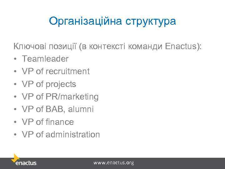 Організаційна структура Ключові позиції (в контексті команди Enactus): • Teamleader • VP of recruitment