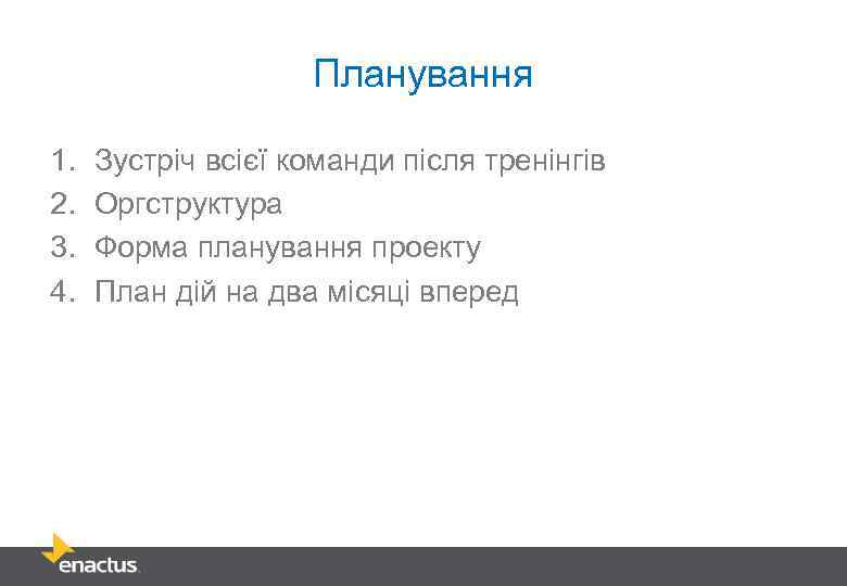 Планування 1. 2. 3. 4. Зустріч всієї команди після тренінгів Оргструктура Форма планування проекту