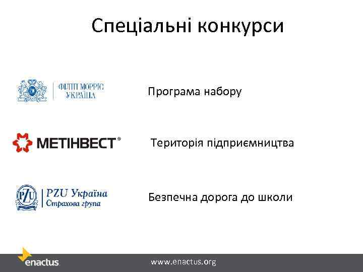 Спеціальні конкурси Програма набору Територія підприємництва Безпечна дорога до школи www. enactus. org 