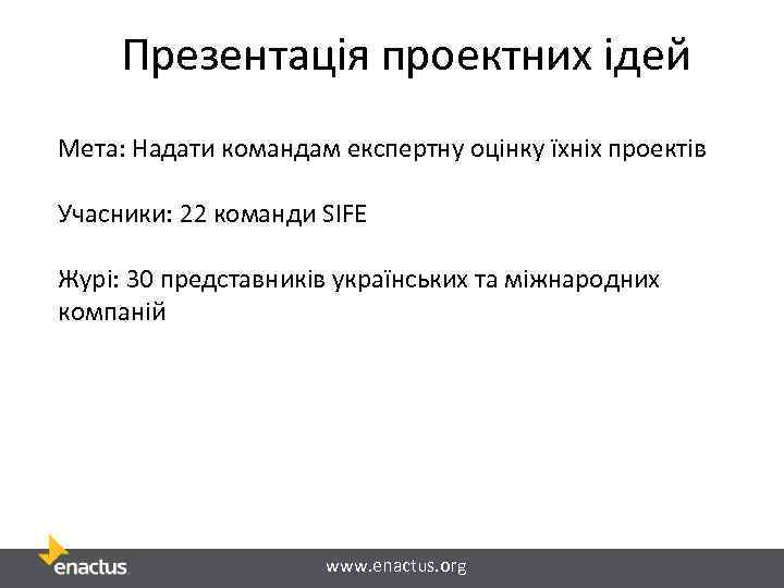 Презентація проектних ідей Мета: Надати командам експертну оцінку їхніх проектів Учасники: 22 команди SIFE