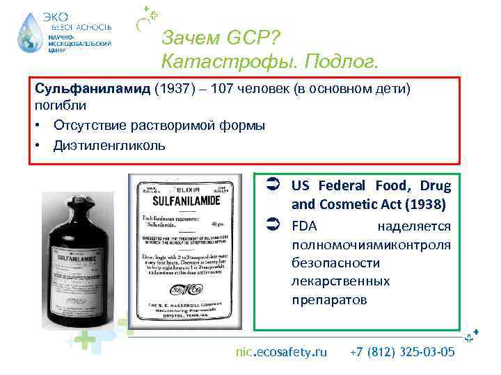 Зачем GCP? Катастрофы. Подлог. Нарушение прав. Сульфаниламид (1937) – 107 человек (в основном дети)