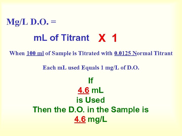 Mg/L D. O. = m. L of Titrant X 1 When 100 ml of