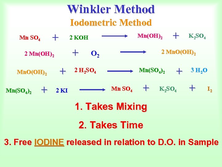 Winkler Method Iodometric Method + Mn SO 4 + 2 Mn(OH)2 Mn. O(OH)2 +