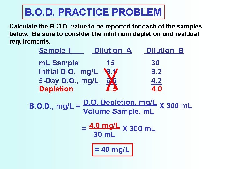 B. O. D. PRACTICE PROBLEM Calculate the B. O. D. value to be reported