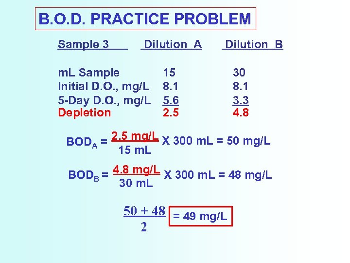 B. O. D. PRACTICE PROBLEM Sample 3 Dilution A m. L Sample Initial D.
