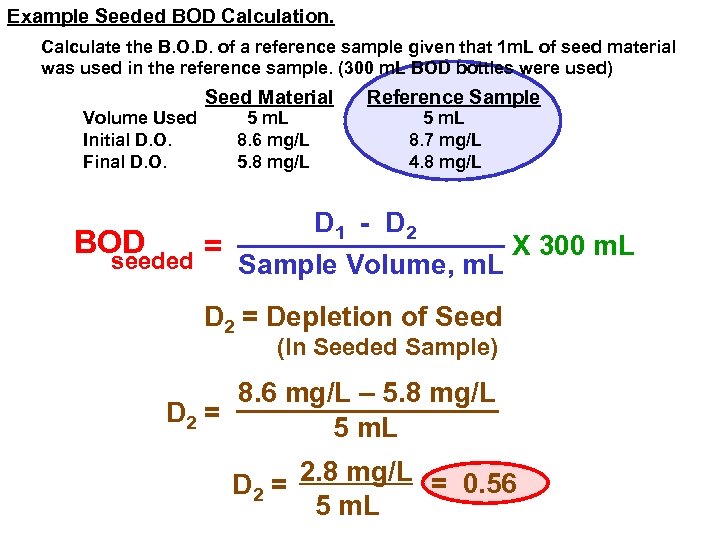 Example Seeded BOD Calculation. Calculate the B. O. D. of a reference sample given
