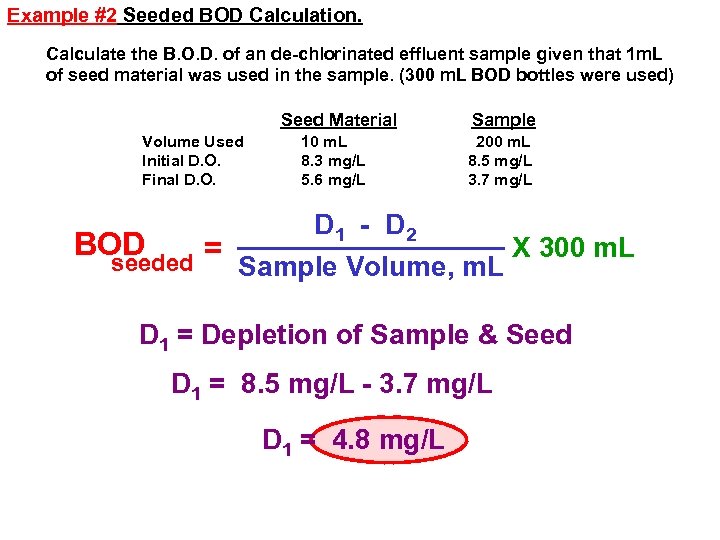 Example #2 Seeded BOD Calculation. Calculate the B. O. D. of an de-chlorinated effluent