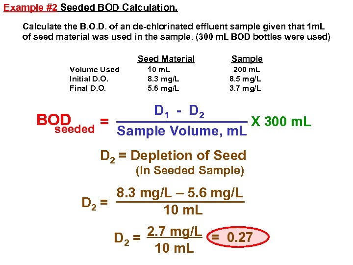 Example #2 Seeded BOD Calculation. Calculate the B. O. D. of an de-chlorinated effluent