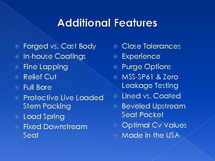 Additional Features Forged vs. Cast Body In-house Coatings Fine Lapping Relief Cut Full Bore
