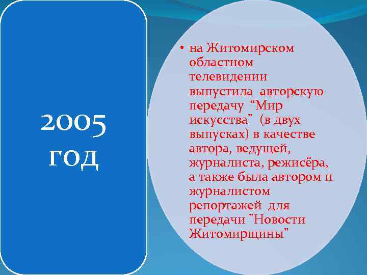 2005 год • на Житомирском областном телевидении выпустила авторскую передачу “Мир искусства" (в двух