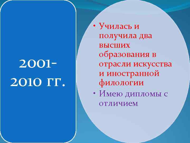 20012010 гг. • Училась и получила два высших образования в отрасли искусства и иностранной