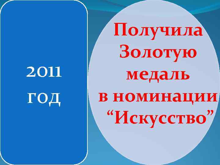 2011 год Получила Золотую медаль в номинации “Искусство” 