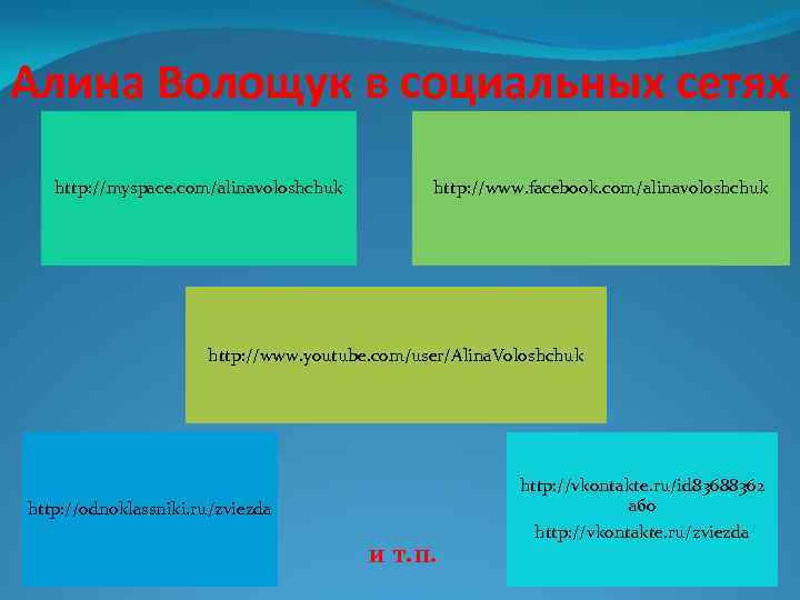 Алина Волощук в социальных сетях http: //myspace. com/alinavoloshchuk http: //www. facebook. com/alinavoloshchuk http: //www.