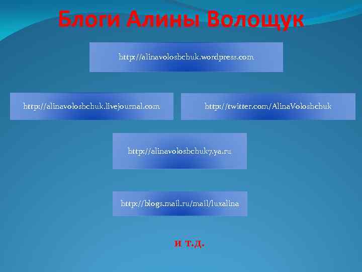 Блоги Алины Волощук http: //alinavoloshchuk. wordpress. com http: //alinavoloshchuk. livejournal. com http: //twitter. com/Alina.