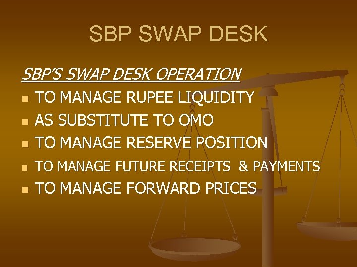 SBP SWAP DESK SBP’S SWAP DESK OPERATION n TO MANAGE RUPEE LIQUIDITY AS SUBSTITUTE