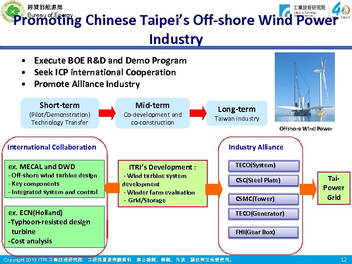 經濟部能源局 Bureau of Energy Promoting Chinese Taipei’s Off-shore Wind Power Industry • Execute BOE