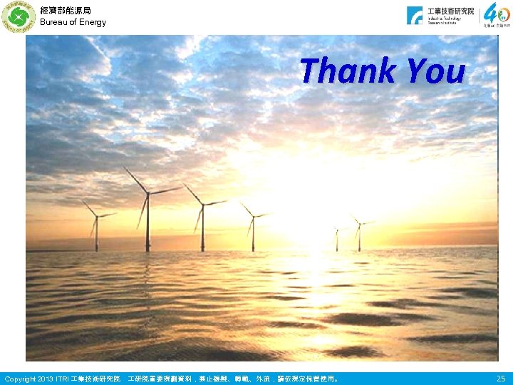 經濟部能源局 Bureau of Energy Thank You Copyright 2013 ITRI 業技術研究院 研院重要規劃資料，禁止複製、轉載、外流，請依規定保管使用。 25 