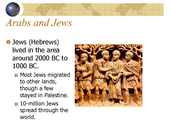 Arabs and Jews (Hebrews) lived in the area around 2000 BC to 1000 BC.