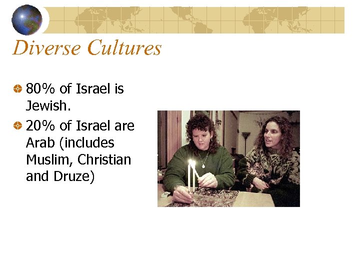 Diverse Cultures 80% of Israel is Jewish. 20% of Israel are Arab (includes Muslim,